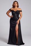 Black Off the Shoulder Mermaid Sequins Appliques Ruched Satin Plus Size Long Prom Dress with Slit