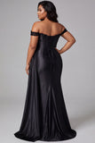 Black Off the Shoulder Mermaid Sequins Appliques Ruched Satin Plus Size Long Prom Dress with Slit