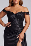 Black Off the Shoulder Mermaid Sequins Appliques Ruched Satin Plus Size Long Prom Dress with Slit