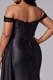 Black Off the Shoulder Mermaid Sequins Appliques Ruched Satin Plus Size Long Prom Dress with Slit