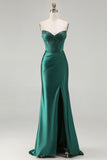Dark Green Strapless Beaded Corset Long Prom Dress with Slit