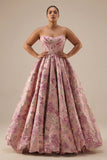 Strapless Pink Jacquard Corset Princess Floral Long Prom Dress with Lace Up Back