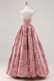 Strapless Pink Jacquard Corset Princess Floral Long Prom Dress with Lace Up Back
