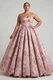 Strapless Pink Jacquard Corset Princess Floral Long Prom Dress with Lace Up Back