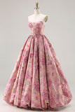 Strapless Pink Jacquard Corset Princess Floral Long Prom Dress with Lace Up Back