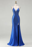 Royal Blue Mermaid Beaded Satin Long Prom Dress with Slit