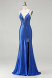Royal Blue Mermaid Beaded Satin Long Prom Dress with Slit