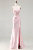 Pink Mermaid Beaded Corset Ruched Long Prom Dress with Slit
