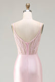 Pink Mermaid Beaded Corset Ruched Long Prom Dress with Slit