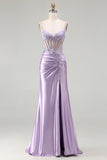 Sparkly Light Purple Mermaid Seuqin Ruched Long Prom Dress with Slit
