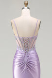 Sparkly Light Purple Mermaid Seuqin Ruched Long Prom Dress with Slit