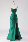 Glitter Dark Green Sweetheart Mermaid Beaded Corset Long Prom Dress with Slit