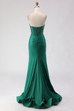 Glitter Dark Green Sweetheart Mermaid Beaded Corset Long Prom Dress with Slit
