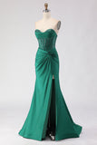Glitter Dark Green Sweetheart Mermaid Beaded Corset Long Prom Dress with Slit