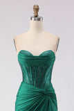 Glitter Dark Green Sweetheart Mermaid Beaded Corset Long Prom Dress with Slit