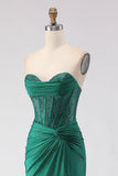 Glitter Dark Green Sweetheart Mermaid Beaded Corset Long Prom Dress with Slit