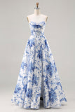 Blue Floral Strapless A-Line Corset Lace Up Back Long Prom Dress with Slit