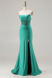 Dark Green Strapless Mermaid Sequins Corset Long Prom Dress with Slit