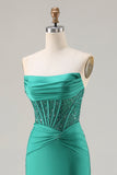 Dark Green Strapless Mermaid Sequins Corset Long Prom Dress with Slit