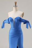 Off The Shoulder Royal Blue Mermaid Corset Satin Long Prom Dress with Slit