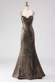 Khaki Leopard Mermaid Corset Long Prom Dress with Lace Up Back