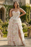 Pink Floral Sweetheart Corset Tiered A-Line Long Corset Prom Dress with Slit
