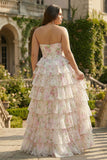 Pink Floral Sweetheart Corset Tiered A-Line Long Corset Prom Dress with Slit