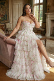 Pink Floral Sweetheart Corset Tiered A-Line Long Corset Prom Dress with Slit