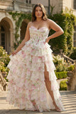 Pink Floral Sweetheart Corset Tiered A-Line Long Corset Prom Dress with Slit