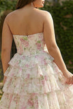 Pink Floral Sweetheart Corset A-Line Tiered Plus Size Long Prom Dress with Slit