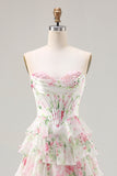 Pink Floral Sweetheart Corset Tiered A-Line Long Prom Dress with Slit
