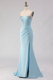Sky Blue Strapless Beaded Mermaid Corset Long Prom Dress with Slit