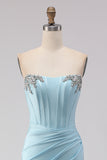 Sky Blue Strapless Beaded Mermaid Corset Long Prom Dress with Slit