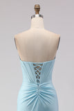 Sky Blue Strapless Beaded Mermaid Corset Long Prom Dress with Slit
