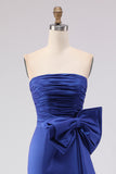 Strapless Royal Blue Mermaid Ruched Side Slit Long Prom Dress with Large Bow