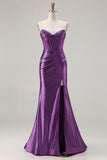 Dark Purple Mermaid Beaded Strapless Corset Long Prom Dress with Slit