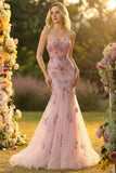 Sweetheart Blush Mermaid Embroidered Long Prom Dress with Neck Scarf
