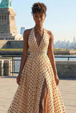 Apricot Black Dot A Line Halter Bowed Long Prom Dress with Slit