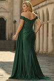 Off The Shoulder Dark Green Mermaid Plus Size Sequin Long Prom Dress with Slit