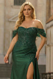 Off The Shoulder Dark Green Mermaid Plus Size Sequin Long Prom Dress with Slit