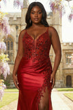 Burgundy Satin Mermaid Appliqued Plus Size Long Prom Dress with Slit
