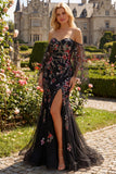 Black Pink Flower Sequins Mermaid Off the Shoulder Long Prom Dress with Slit