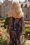Black Pink Flower Sequins Mermaid Off the Shoulder Long Prom Dress with Slit