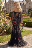 Black Pink Flower Sequins Mermaid Off the Shoulder Long Prom Dress with Slit