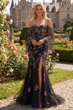 Black Pink Flower Sequins Mermaid Off the Shoulder Long Prom Dress with Slit