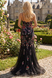 Black Pink Flower Spaghetti Straps Sequins Mermaid Long Prom Dress with Slit