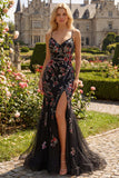 Black Pink Flower Spaghetti Straps Sequins Mermaid Long Prom Dress with Slit