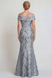Grey Blue Flower Off the Shoulder Mermaid Long Mother of the Bride Dress
