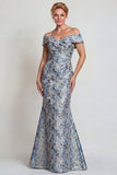 Grey Blue Flower Off the Shoulder Mermaid Long Mother of the Bride Dress
