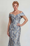 Grey Blue Flower Off the Shoulder Mermaid Long Mother of the Bride Dress